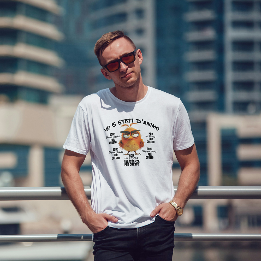 Due T-shirt 5 stati d'animo de Il mio negozio, in bianco e nero, presentano un gufo arancione a fumetti con un testo in italiano sui cinque stati d'animo. Entrambe le magliette personalizzate sono appese a grucce di legno in mezzo alle foglie: perfette come idee regalo!.