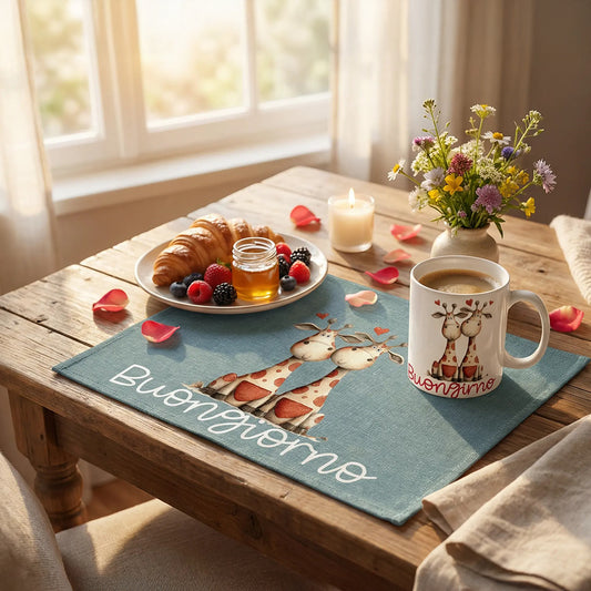 Set colazione San Valentino con mug e tovaglietta coordinate Coppia giraffe con Buongiorno