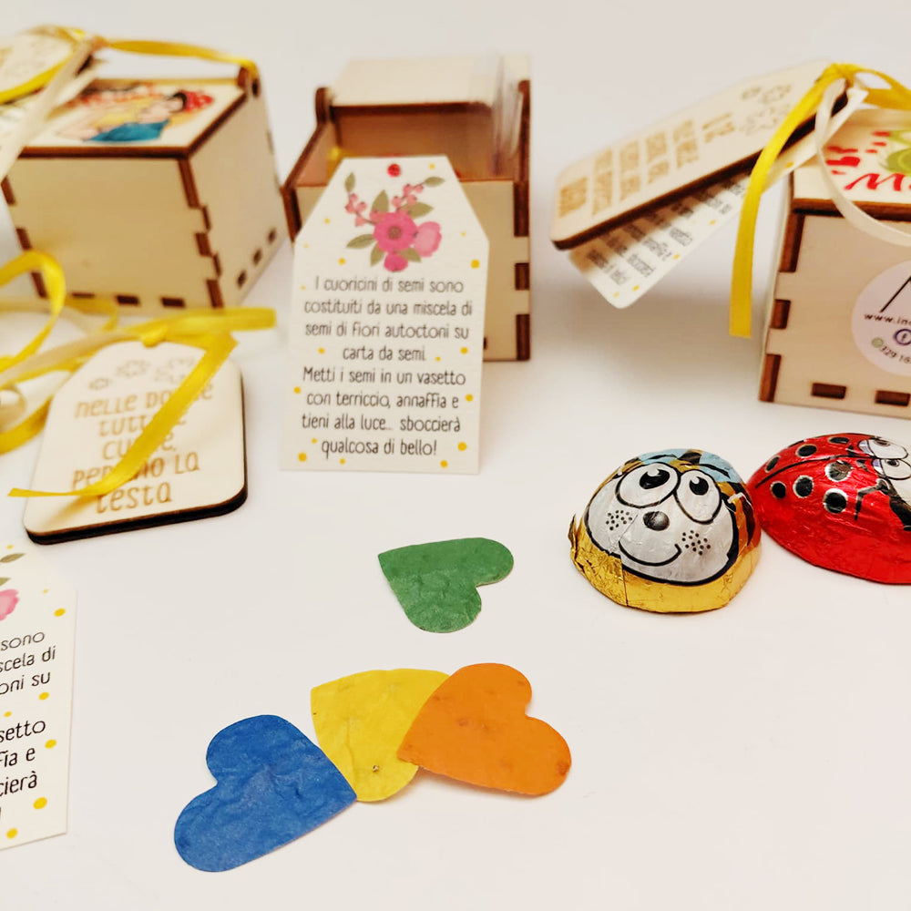 Dettaglio cuoricini in carta piantabile con semini e cioccolatini ape e coccinella nella scatolina Festa della Donna