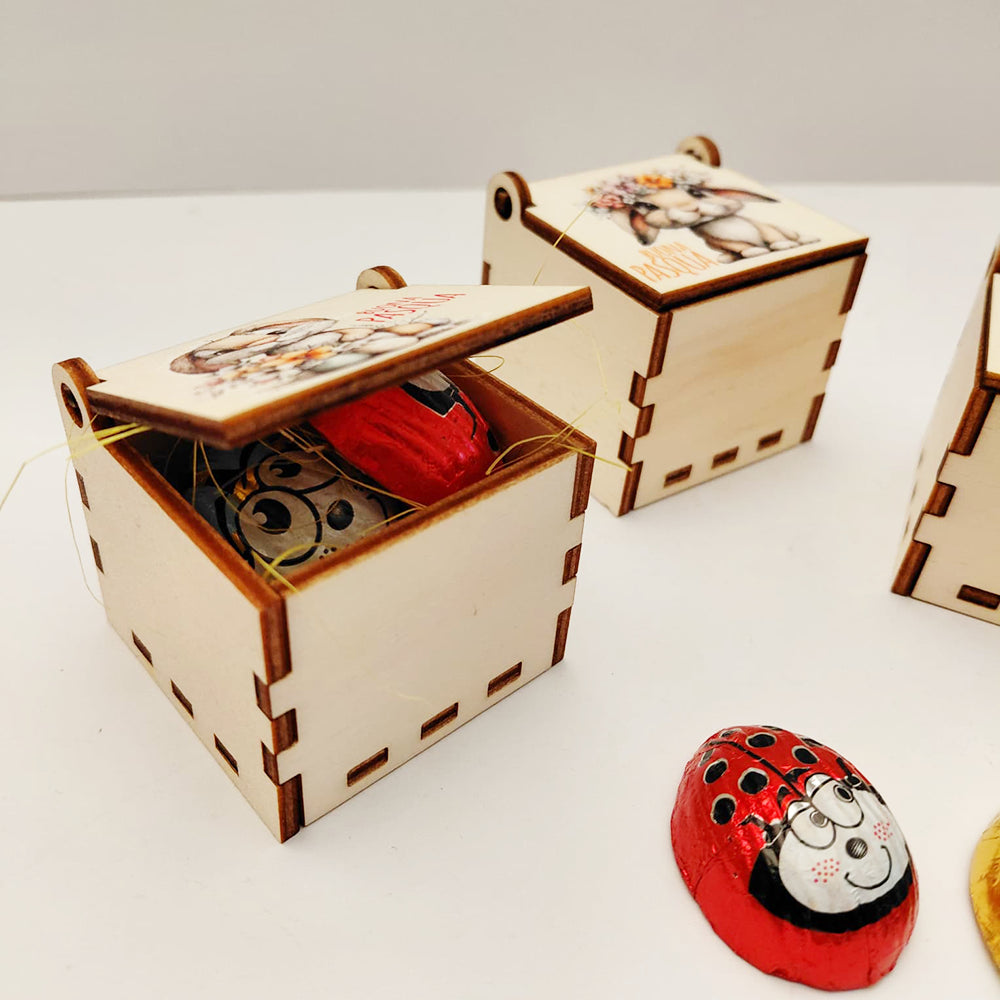 Scatolina pasquale in legno aperta con paglina verde e cioccolatini a forma di ape e coccinella all’interno