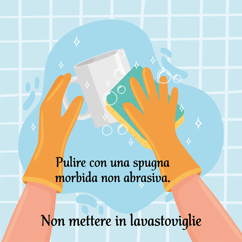 Illustrazione con istruzioni di lavaggio per mug personalizzata: pulire con una spugna morbida non abrasiva e non mettere in lavastoviglie.
