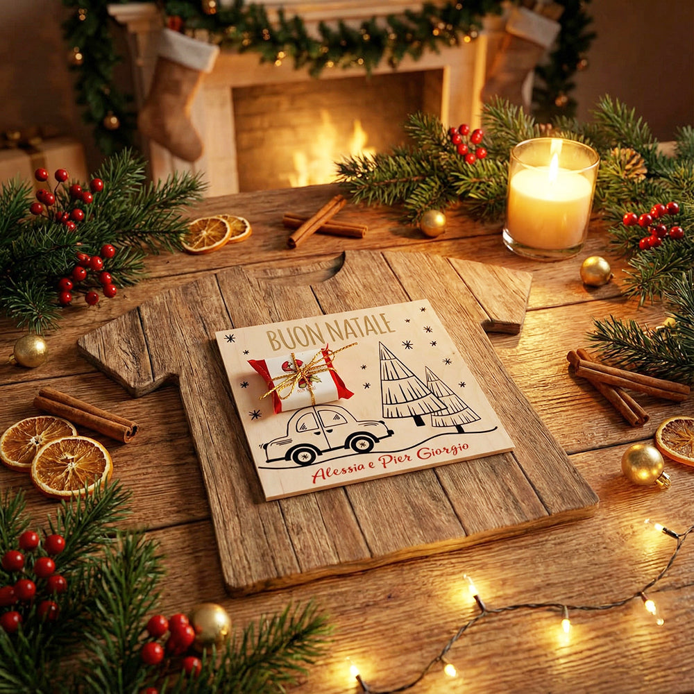 Biglietto di Auguri in Legno “Buon Natale 2025” – Con Mini Tavoletta di Cioccolato