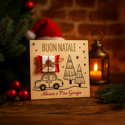 Biglietto di Auguri in Legno “Buon Natale 2025” – Con Mini Tavoletta di Cioccolato