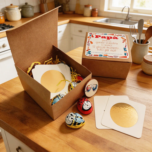 Scatola kraft con bigliettini gratta e vinci e cioccolatini a forma di ape e coccinella per Festa del Papà