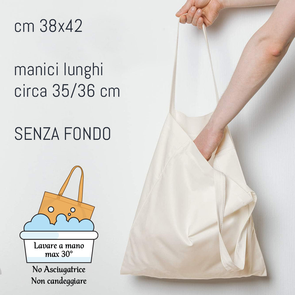 Immagine informativa con misure e istruzioni di lavaggio della tote bag in cotone: 38x42 cm, manici lunghi, lavaggio a mano max 30°.