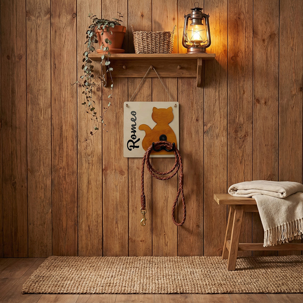 Targa in legno per guinzaglio gatto con sagoma felina in legno e gancio appendiguinzaglio