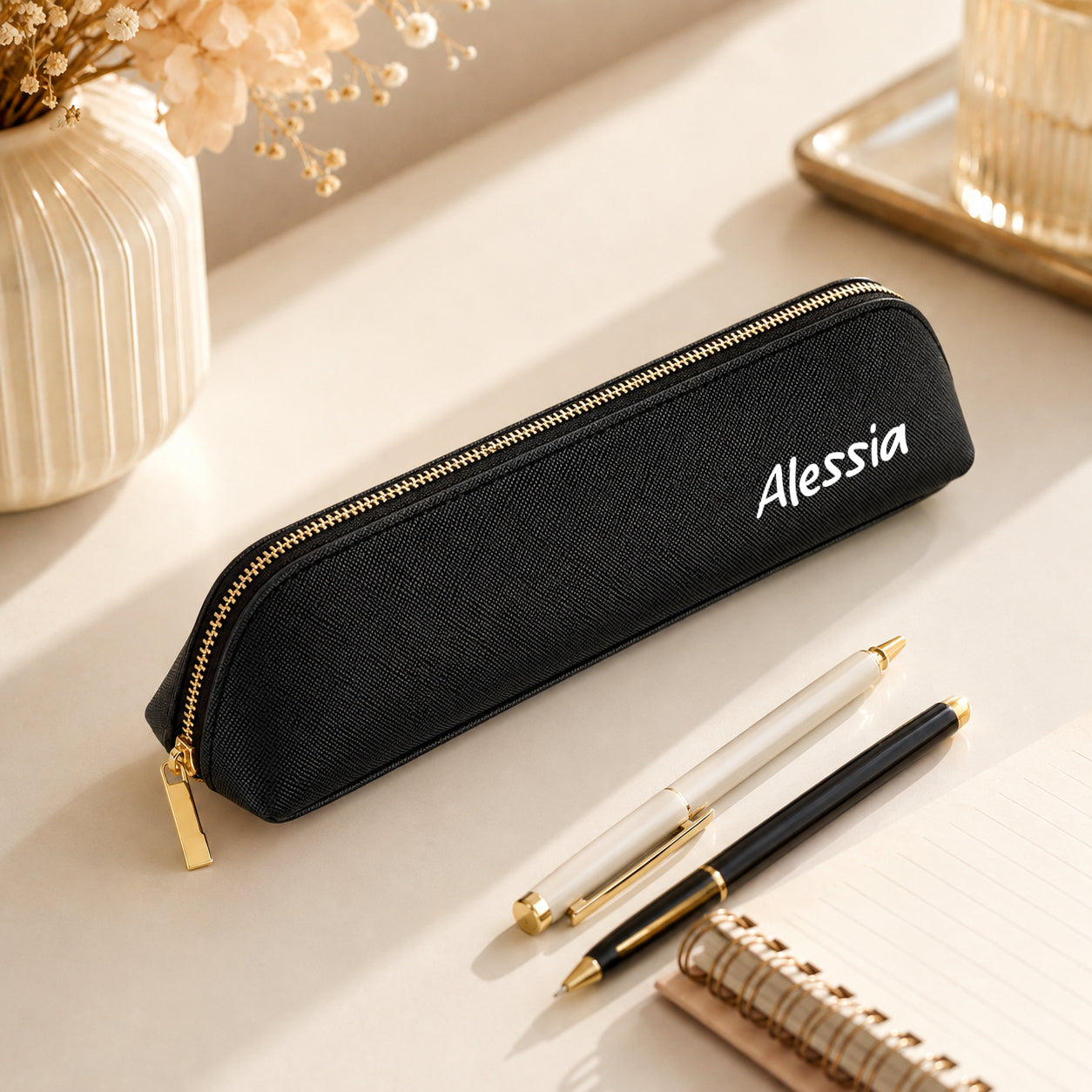 Astuccio lungo nero personalizzato con nome e zip metallica