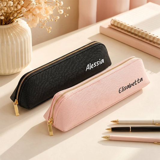 Astuccio lungo personalizzato in similpelle Saffiano rosa e nero