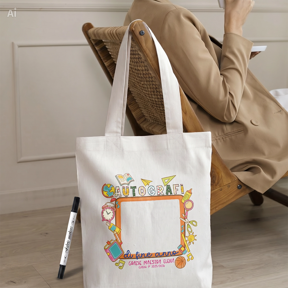 Tote bag Autografi di Fine Anno con spazio per le firme dei bambini e pennarello per tessuti