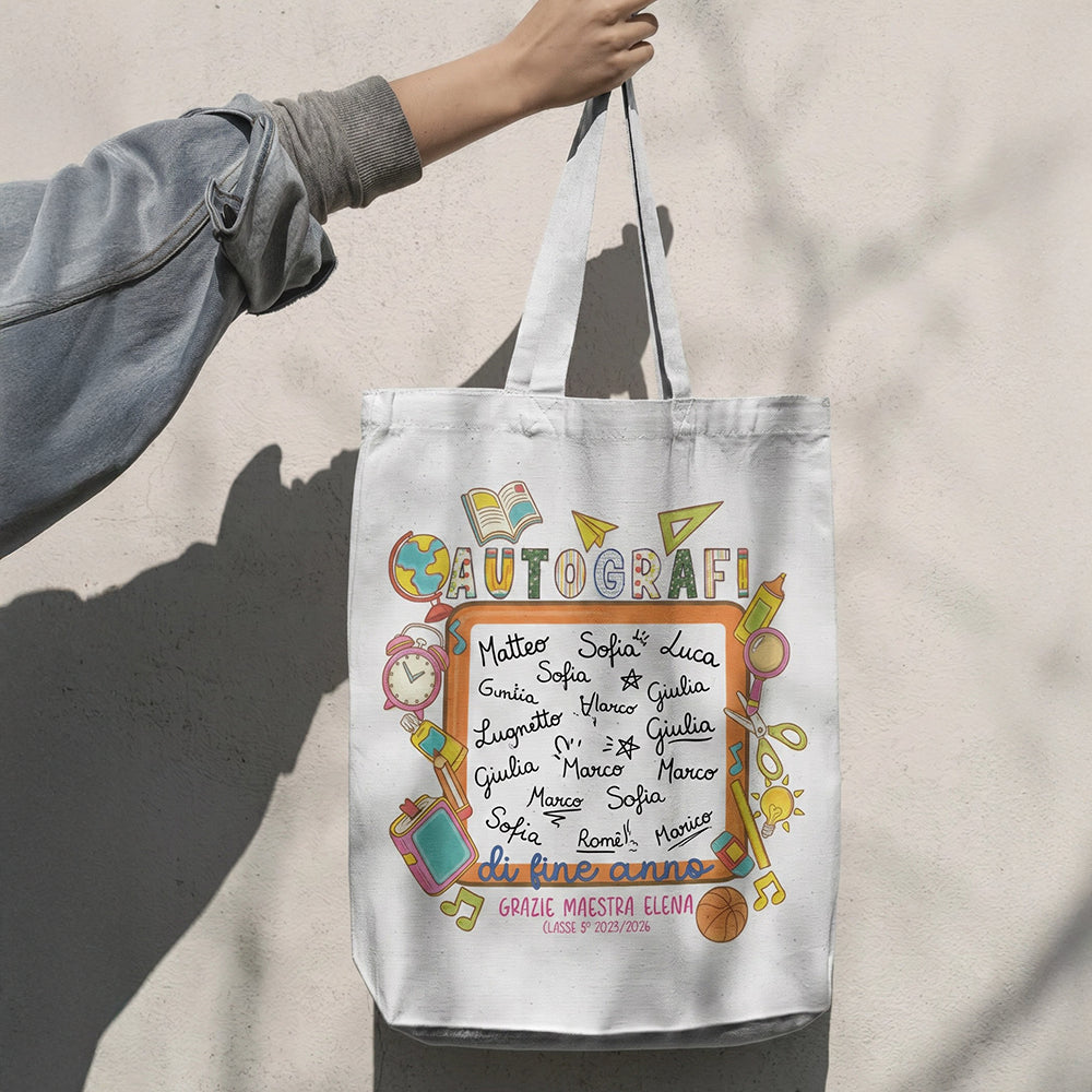Tote bag Autografi di Fine Anno con spazio centrale per le firme dei bambini
