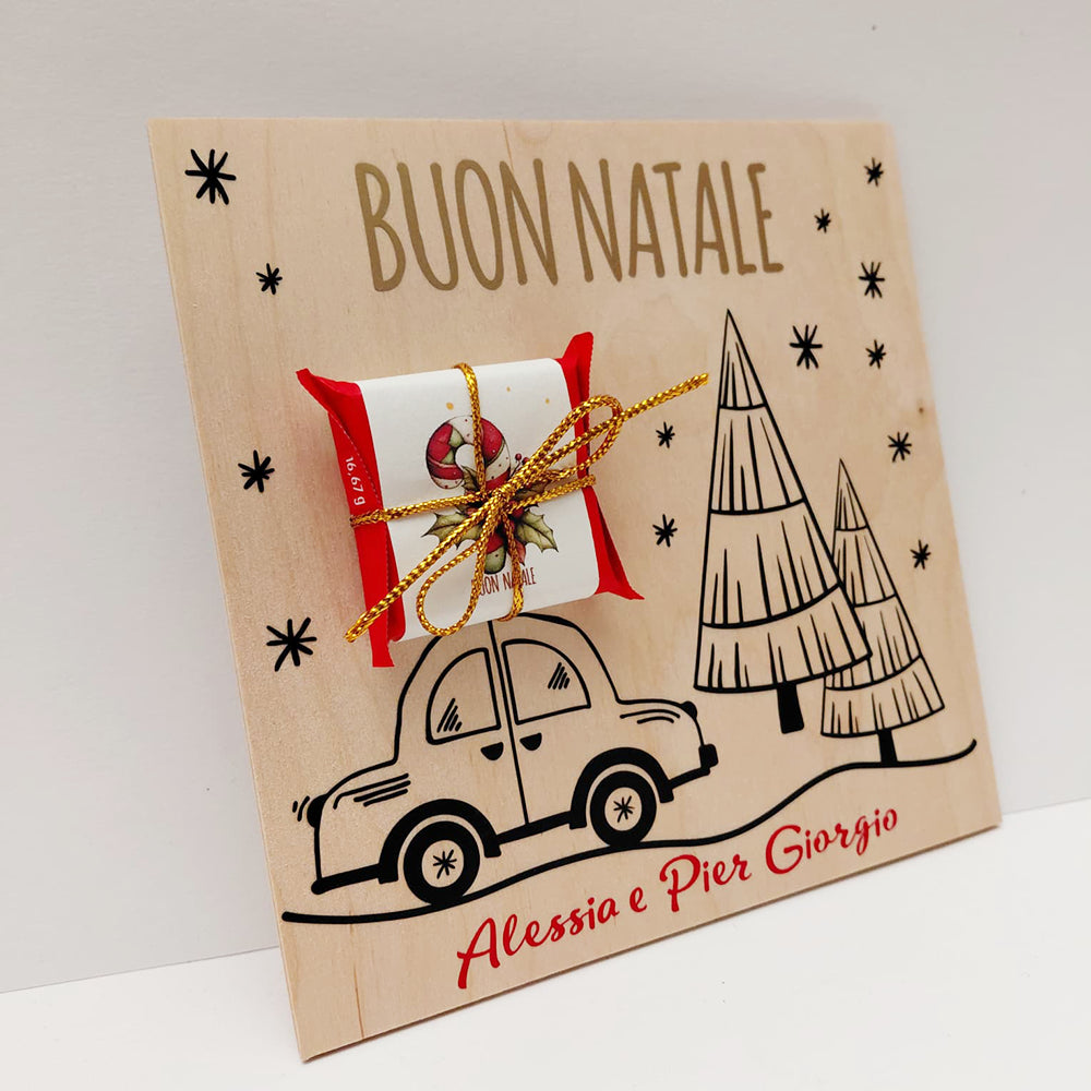 Biglietto di Auguri in Legno “Buon Natale 2025” – Con Mini Tavoletta di Cioccolato