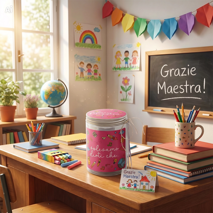 Barattolo per maestra con dedica e cartoncini da compilare come regalo di fine anno scolastico