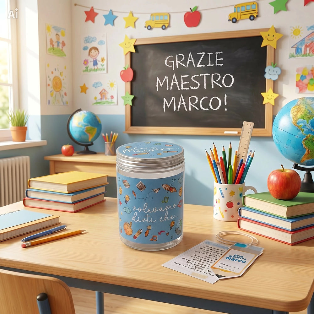 Barattolo per maestro personalizzato con bigliettini da compilare dai bambini
