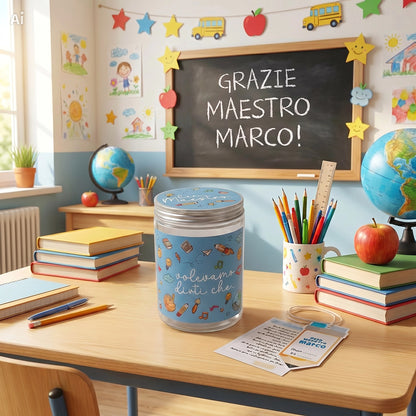 Barattolo per maestro personalizzato con bigliettini da compilare dai bambini