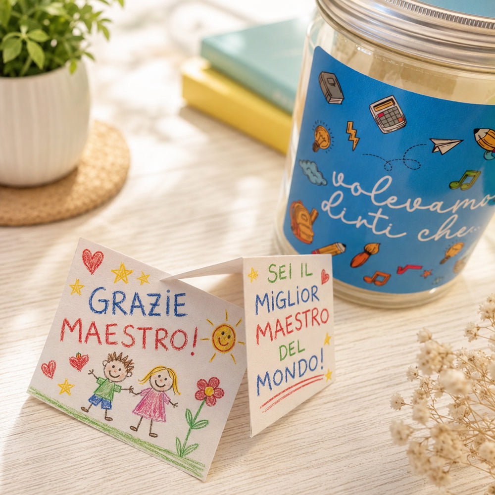 Barattolo per maestro con tag personalizzata e cartoncini per i messaggi degli alunni