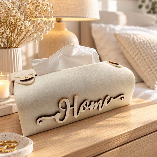 Porta fazzoletti rettangolare in feltro e legno con scritta Home