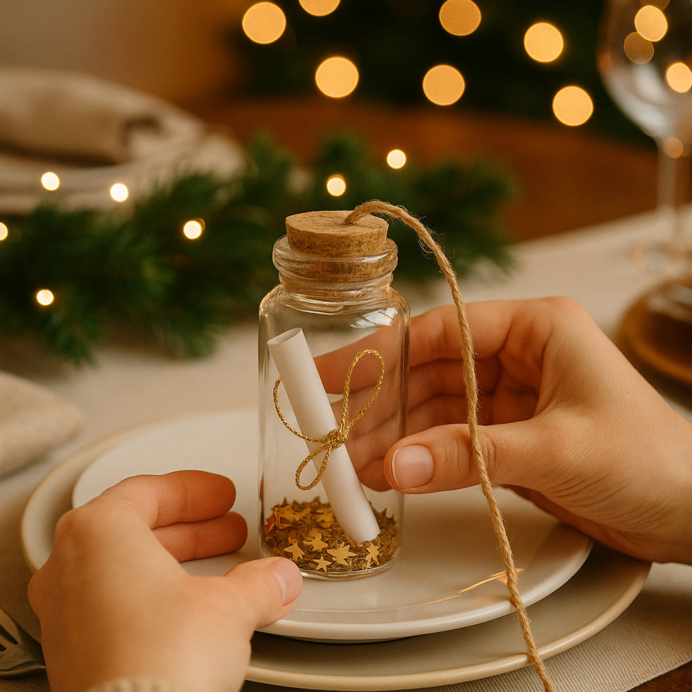 Vasetto auguri di Natale con pergamena e stelline – segnaposto o decorazione