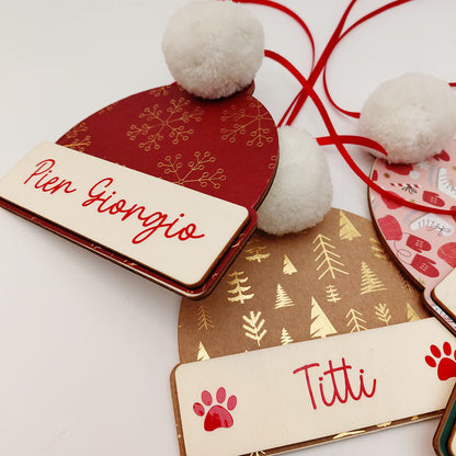 Addobbo berretto natalizio personalizzato in legno con nome