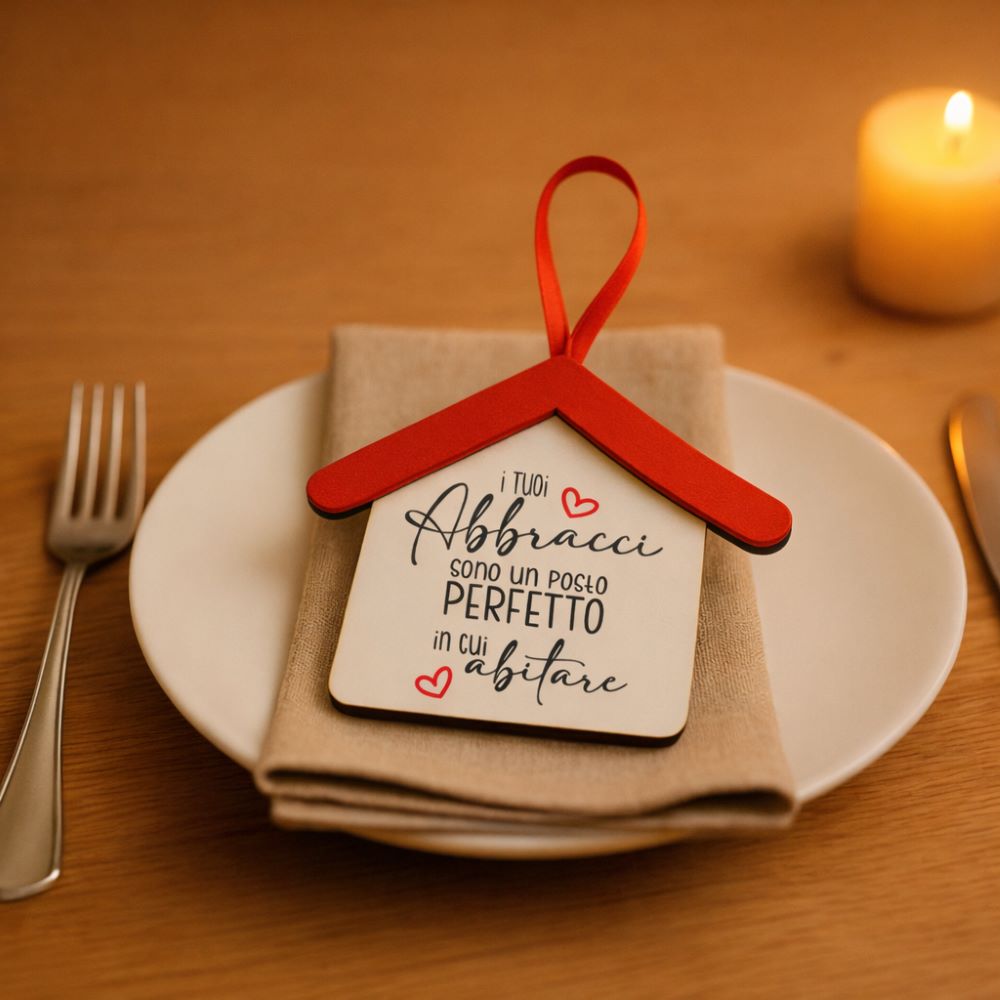 Casetta in legno usata come segnaposto su piatto e tovagliolo, frase “I tuoi abbracci sono un posto perfetto in cui abitare”