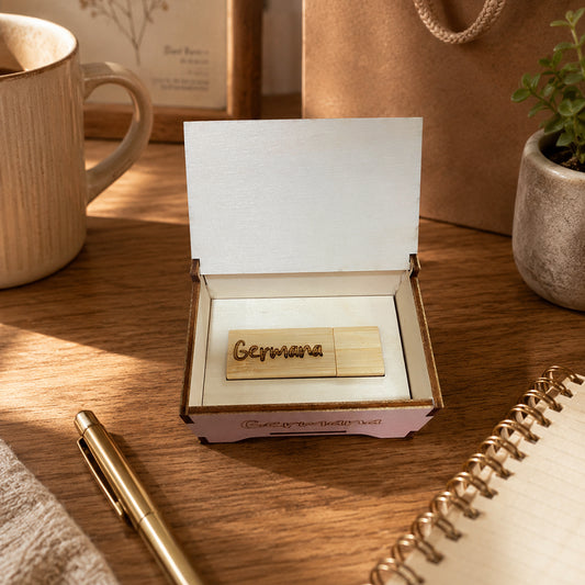 Chiavetta USB personalizzata in bambù con nome Germana e scatolina in legno aperta su scrivania