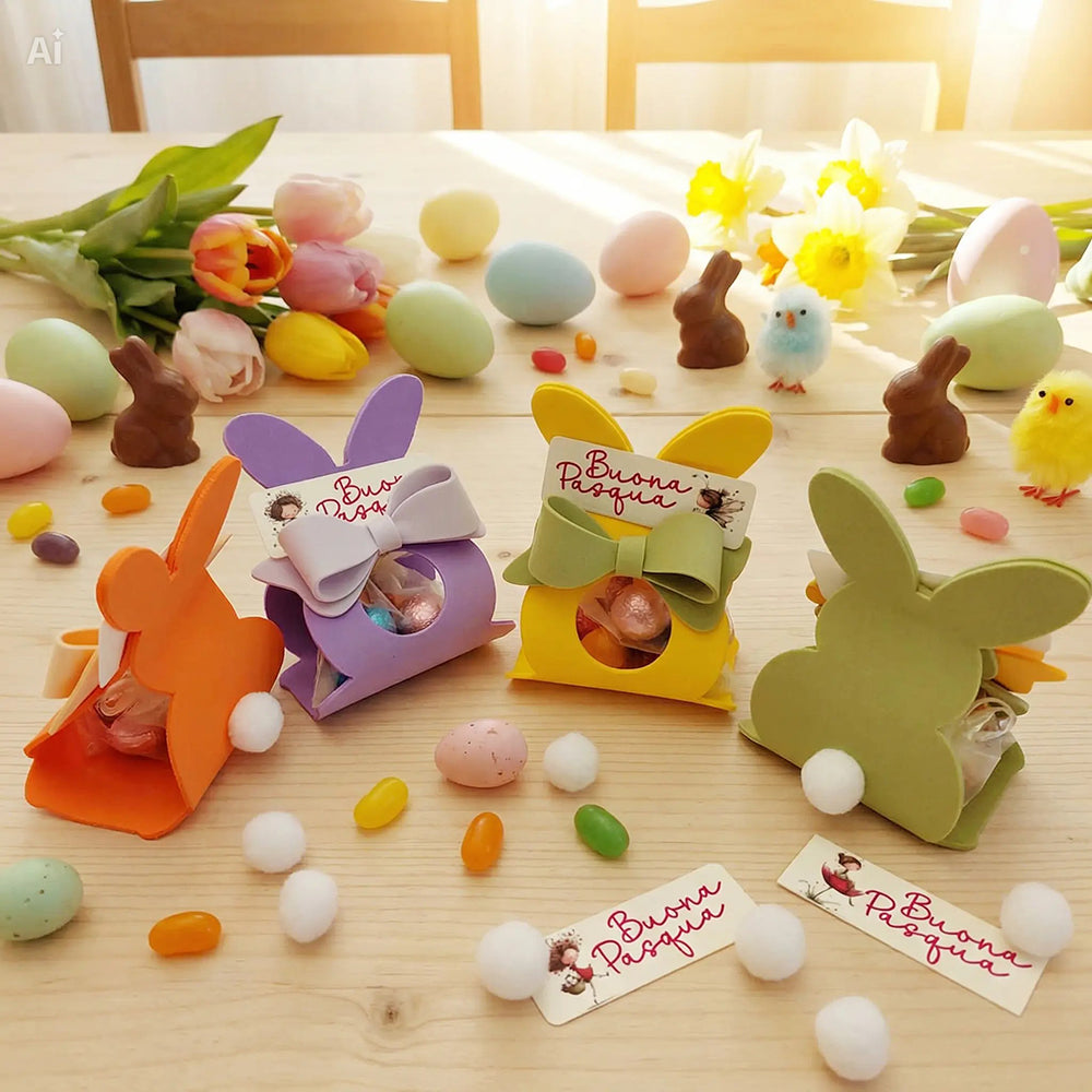 Coniglietti di Pasqua in diversi colori con ovetti assortiti su tavolo decorato in stile pasquale