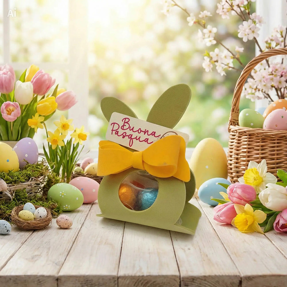 Coniglietto di Pasqua verde salvia con fiocco giallo in ambientazione pasquale con fiori e cestino