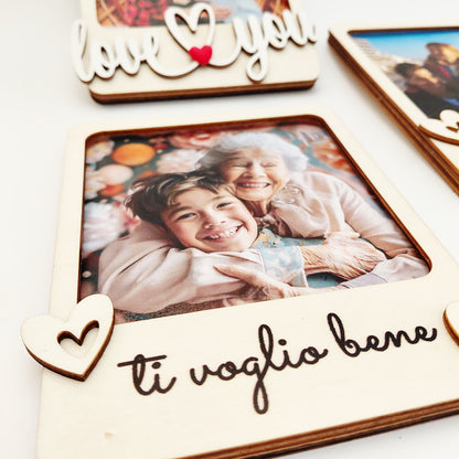 Cornice in legno personalizzata con foto e frase “ti voglio bene”, decorazione cuore in legno