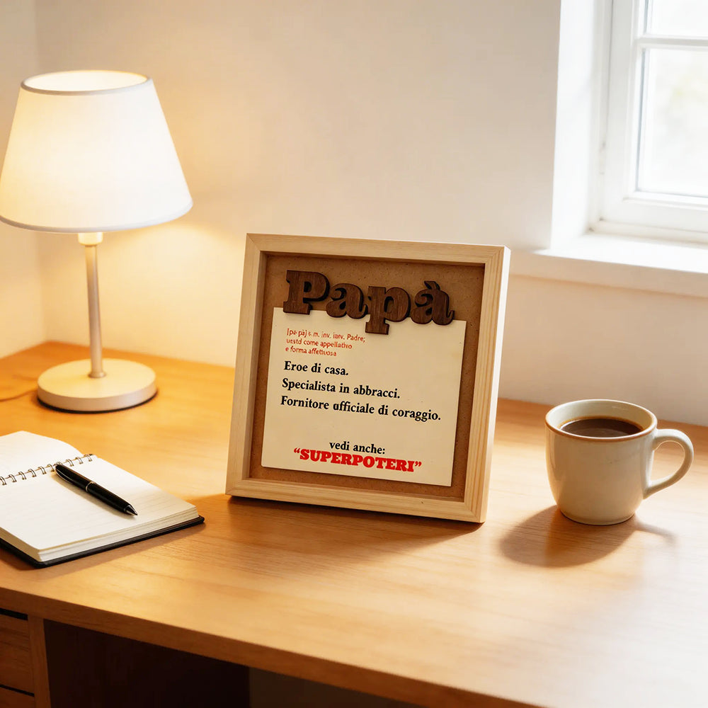 Cornice Papà in legno 20x20 con dedica in ambientazione scrivania idea regalo Festa del Papà