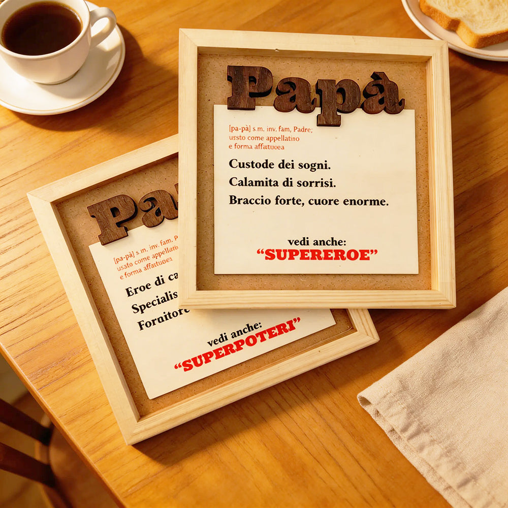 Due cornici Papà in legno 20x20 con dediche e scritta Papà in rilievo idea regalo Festa del Papà