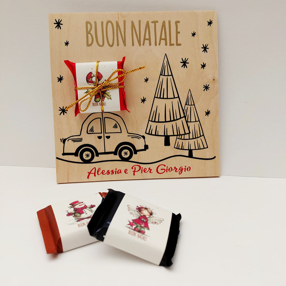 Biglietto di Auguri in Legno “Buon Natale 2025” – Con Mini Tavoletta di Cioccolato