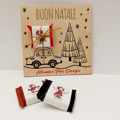 Biglietto di Auguri in Legno “Buon Natale 2025” – Con Mini Tavoletta di Cioccolato