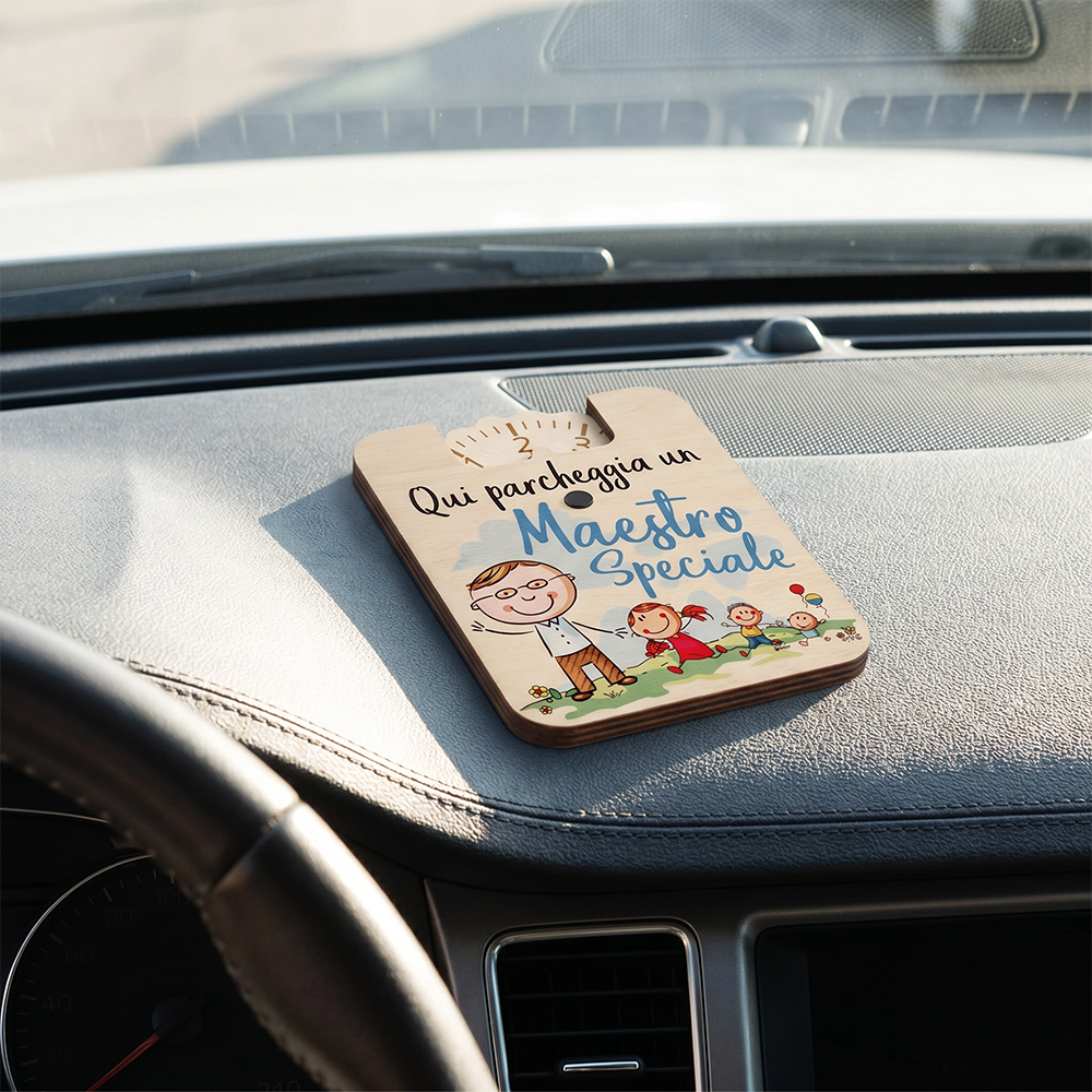 Disco orario in legno Maestro Speciale per auto, regalo fine anno scolastico