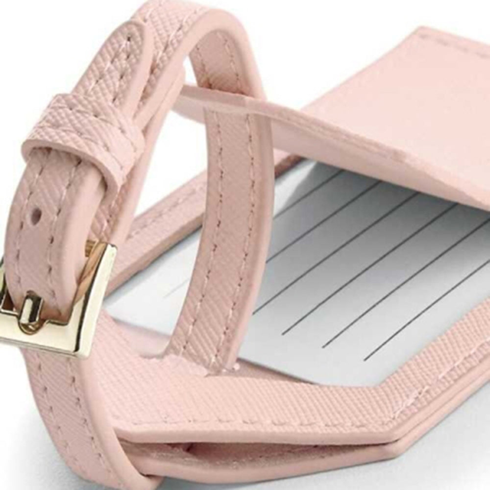 Etichetta valigia personalizzata rosa in ecopelle Saffiano con inserto per dati bagaglio