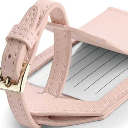 Etichetta valigia personalizzata rosa in ecopelle Saffiano con inserto per dati bagaglio