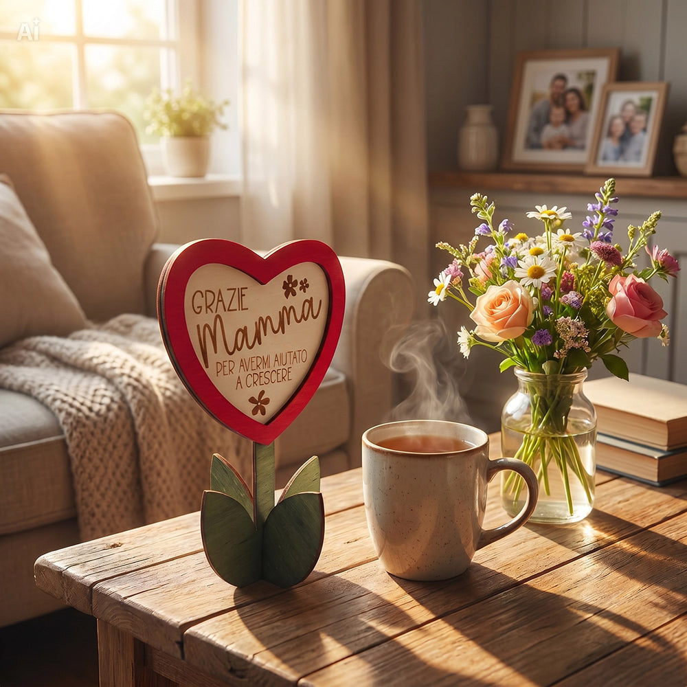 Fiore in legno con dedica Grazie Mamma e base decorativa accanto a tazza e fiori