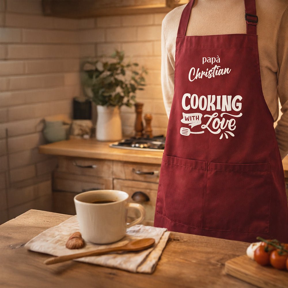 Grembiule da cucina con doppia tasca frontale, pratico ed elegante, cooking with love, papà