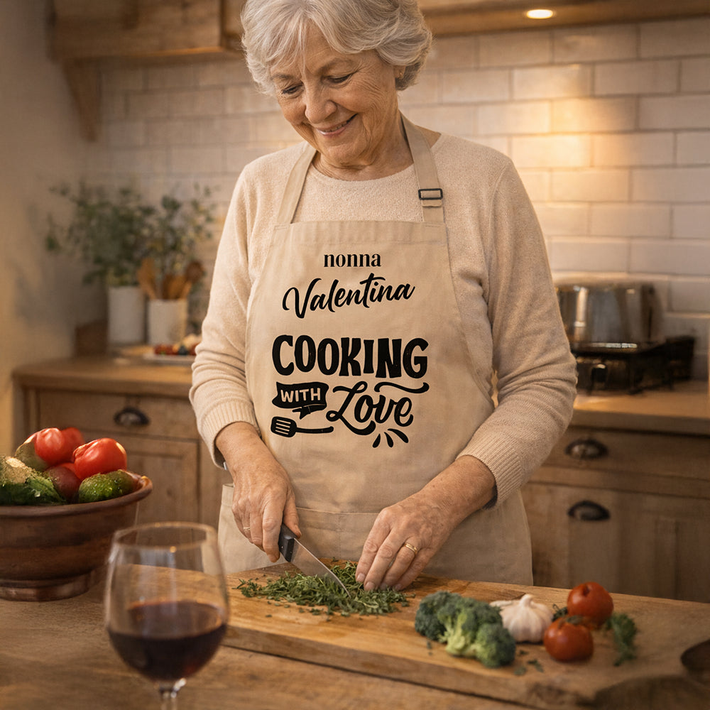 Grembiule da cucina personalizzato con nome e scritta decorativa, idea regalo elegante, nonna