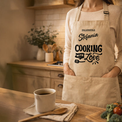 Grembiule personalizzato ecrù con scritta Cooking with Love, idea regalo originale, mamma