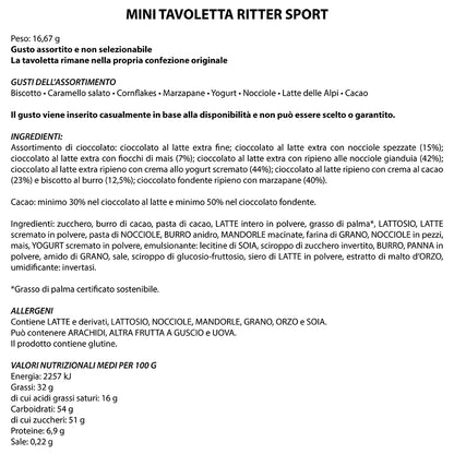 Ingredienti, allergeni e valori nutrizionali mini tavoletta Ritter Sport assortita