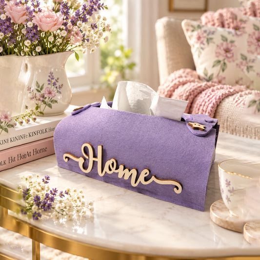 Porta fazzoletti rettangolare in feltro e legno con scritta Home