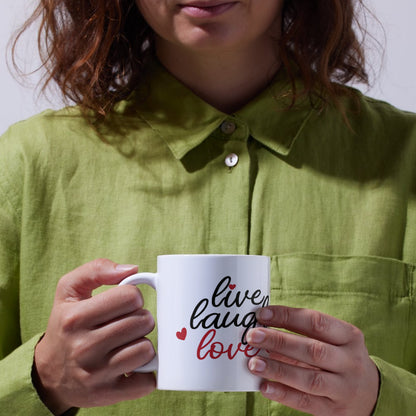 Mug con frase motivazionale Live Laugh Love e dettagli a cuore