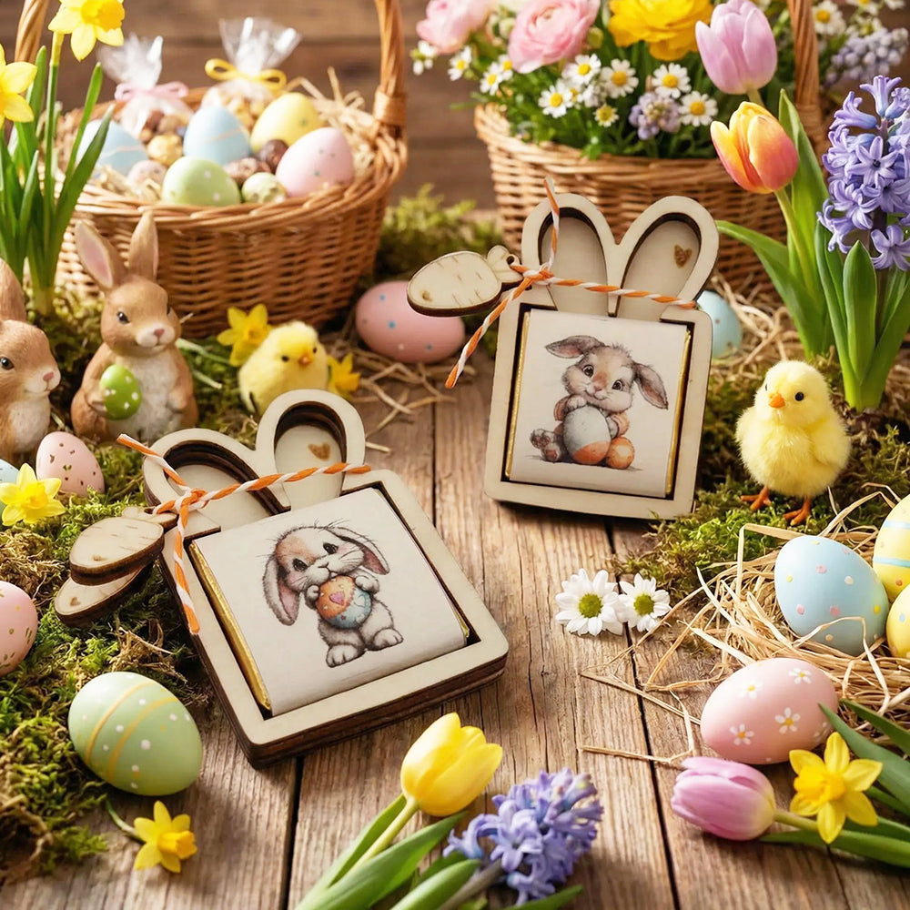Porta cioccolatino pasquale in legno ambientato tra fiori primaverili, ovetti decorati e cestini di Pasqua