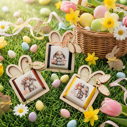 Porta cioccolatino pasquale in legno con mini tavolette assortite su prato decorato con ovetti e fiori di primavera