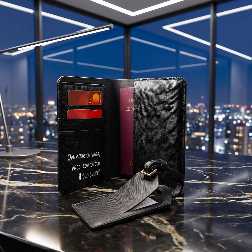 Porta passaporto personalizzato nero con etichetta valigia coordinata in ambientazione aeroporto
