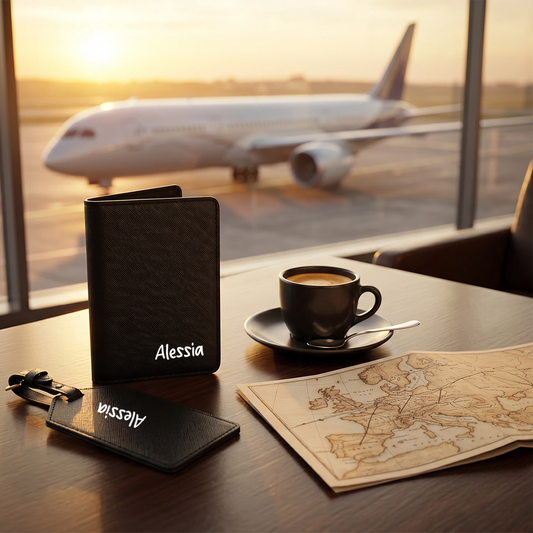 Porta passaporto personalizzato nero con etichetta valigia coordinata in ambientazione aeroporto