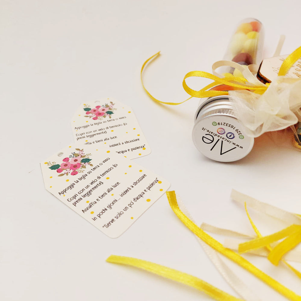 Cartoncini istruzioni e confezione del set provetta, pensierino originale per la Festa della Donna