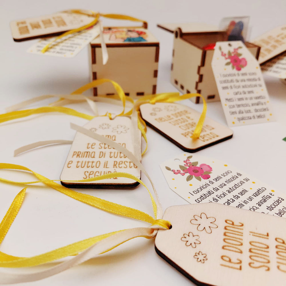 Kit completo Festa della Donna: scatolina in legno con cuoricini piantabili con semini, cioccolatini e tag con istruzioni