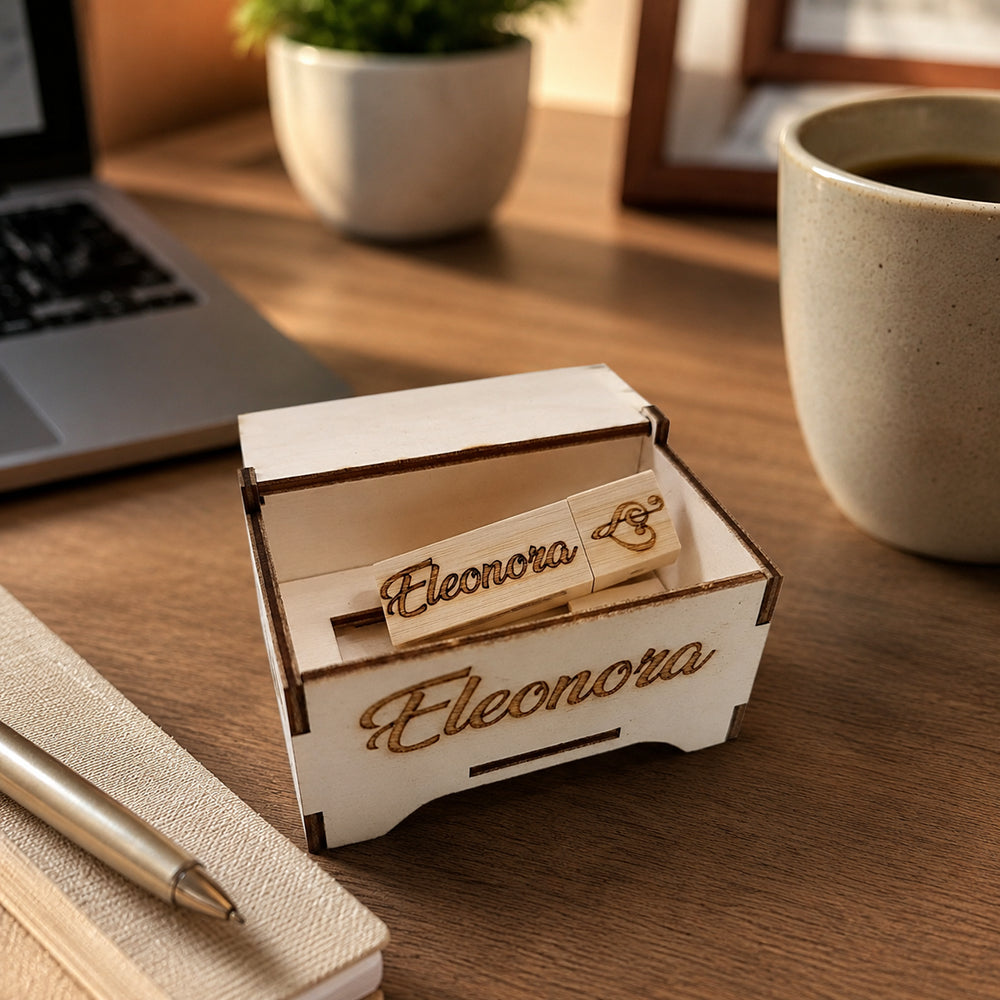 Scatolina in legno personalizzata con nome dedica e chiavetta USB in bambù incisa