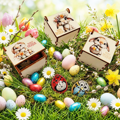 Scatoline pasquali in legno con immagini di coniglietti ambientate su prato con ovetti colorati e fiori primaverili
