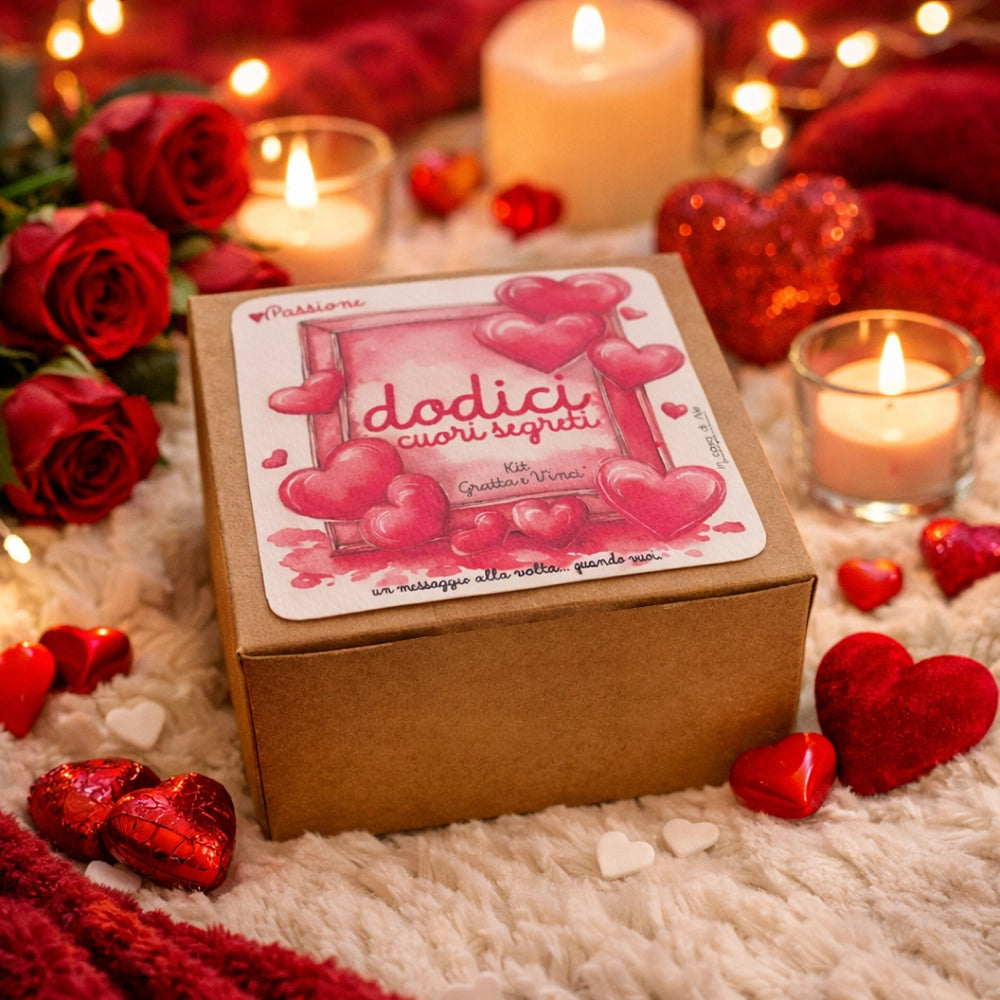 Scatolina kraft Dodici Cuori Segreti chiusa con etichetta romantica sul coperchio